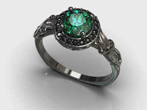 Black Gold Emerald Floral Engagement Ring