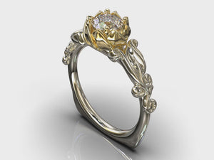 Lotus Flower Two Tone Gold Solitaire Engagement Ring
