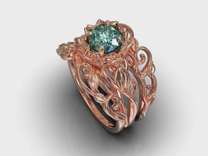 Aquamarine Flower Wedding Ring Set