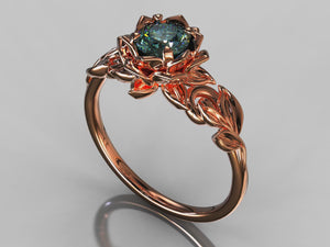 Unique Teal Sapphire Flower Engagement Ring