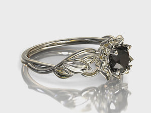 Lotus Floral Black Diamond Engagement Ring With Leaves