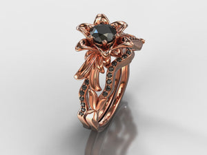 Lotus Flower Black Diamond Wedding Ring Set