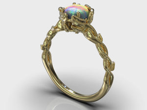 Unique Opal Flower Engagement Ring With Leaves