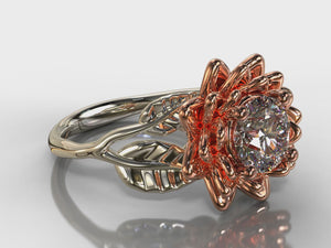 Flower Moissanite Engagement Ring Two Tone Gold