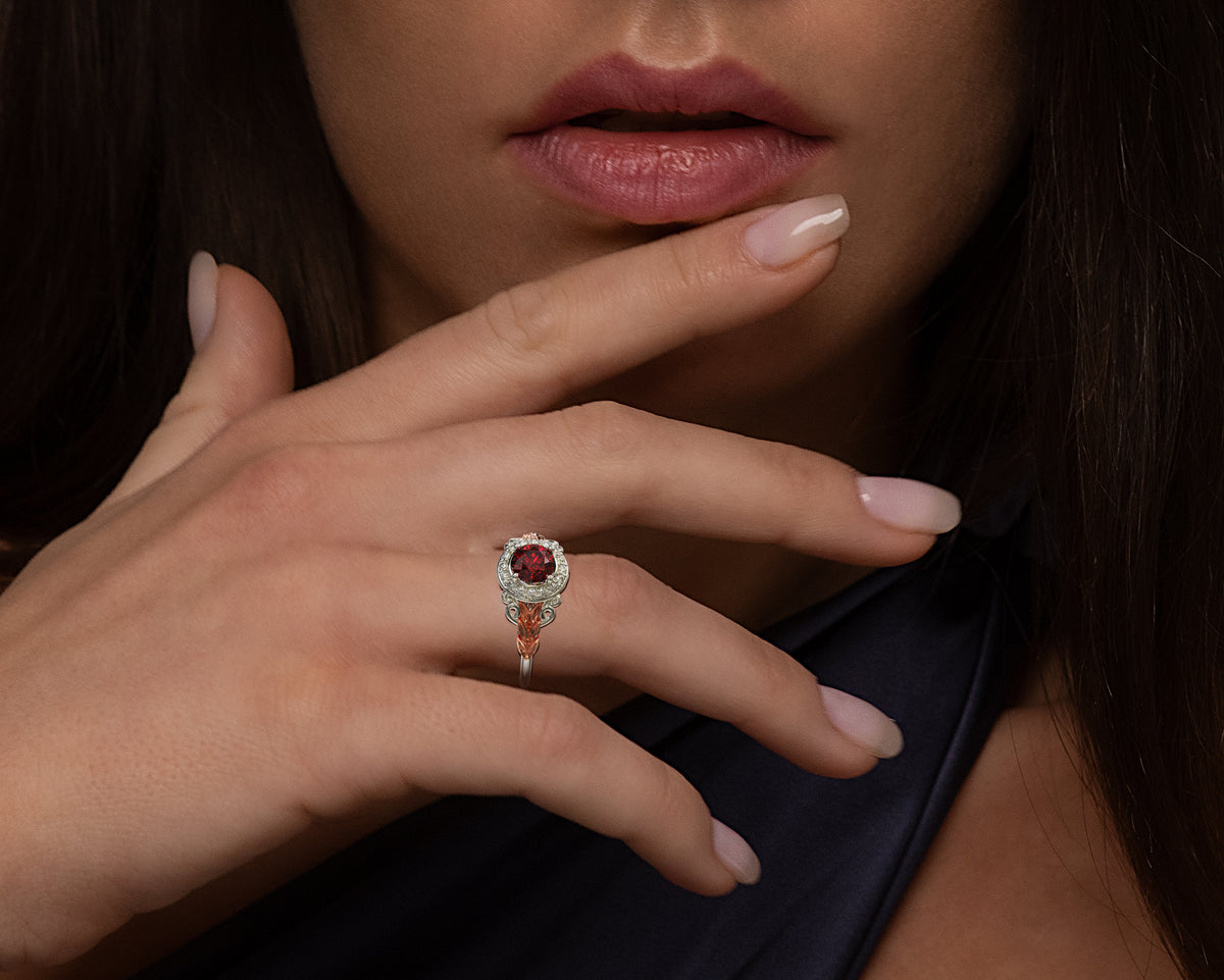 Red Garnet Floral Engagement Ring