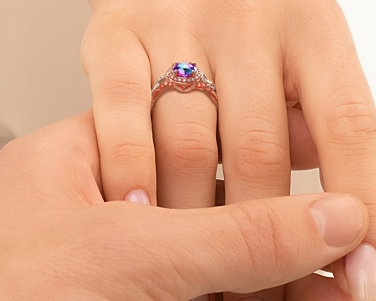 Alexandrite Rose Gold Flower Engagement Ring