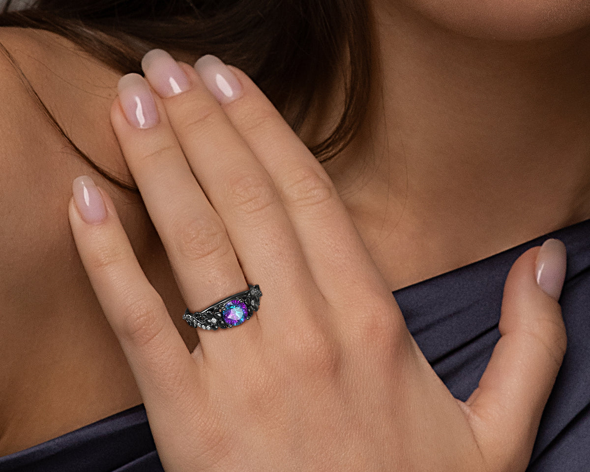 Alexandrite Black Gold Flower Engagement Ring