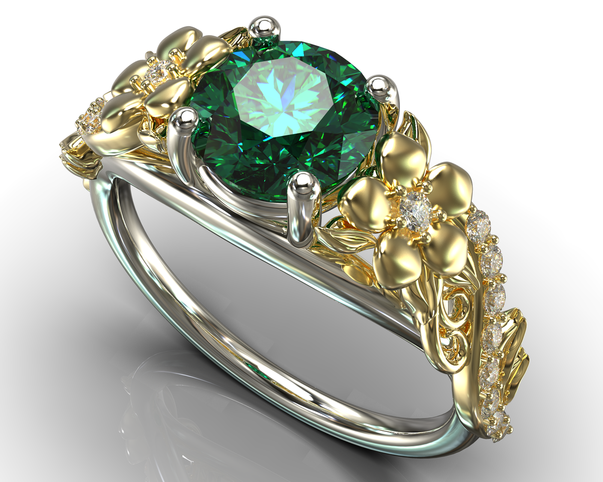 Two Tone Flower Emerald Engagement Ring