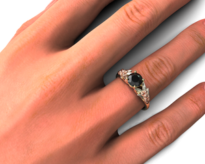 Black Diamond Three Tone Gold Flower Engagement Ring