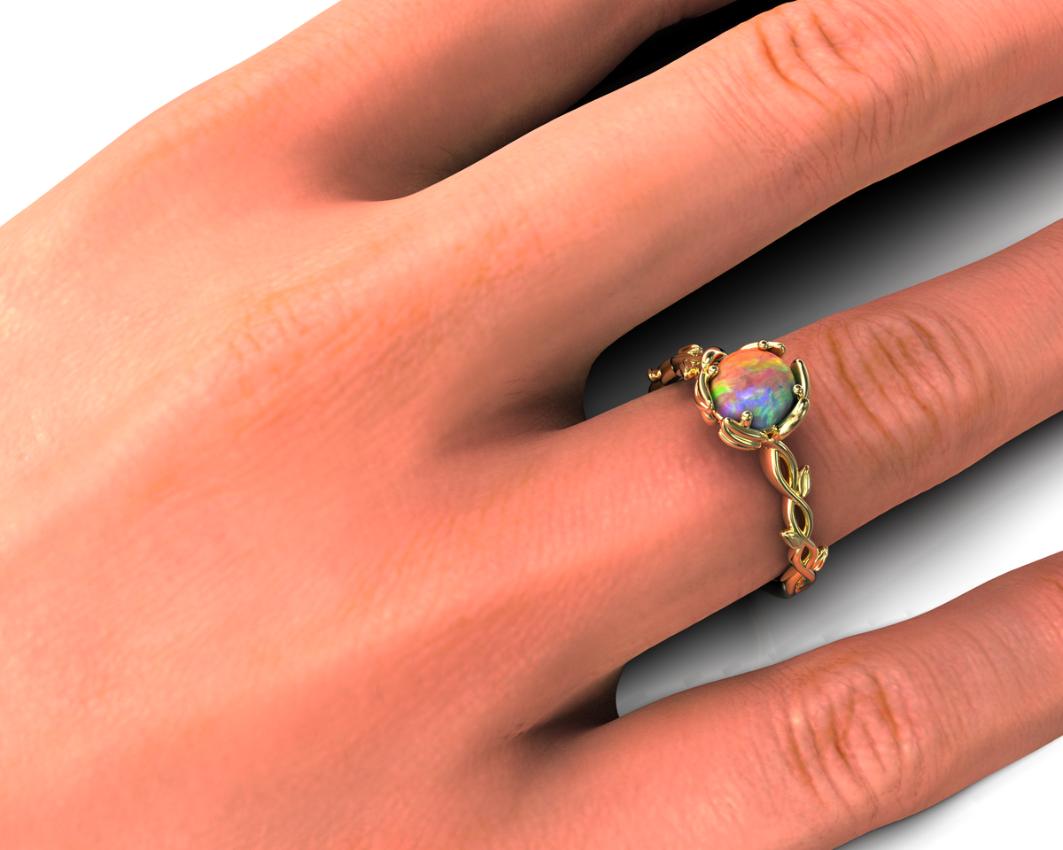 Unique Opal Flower Engagement Ring With Leaves