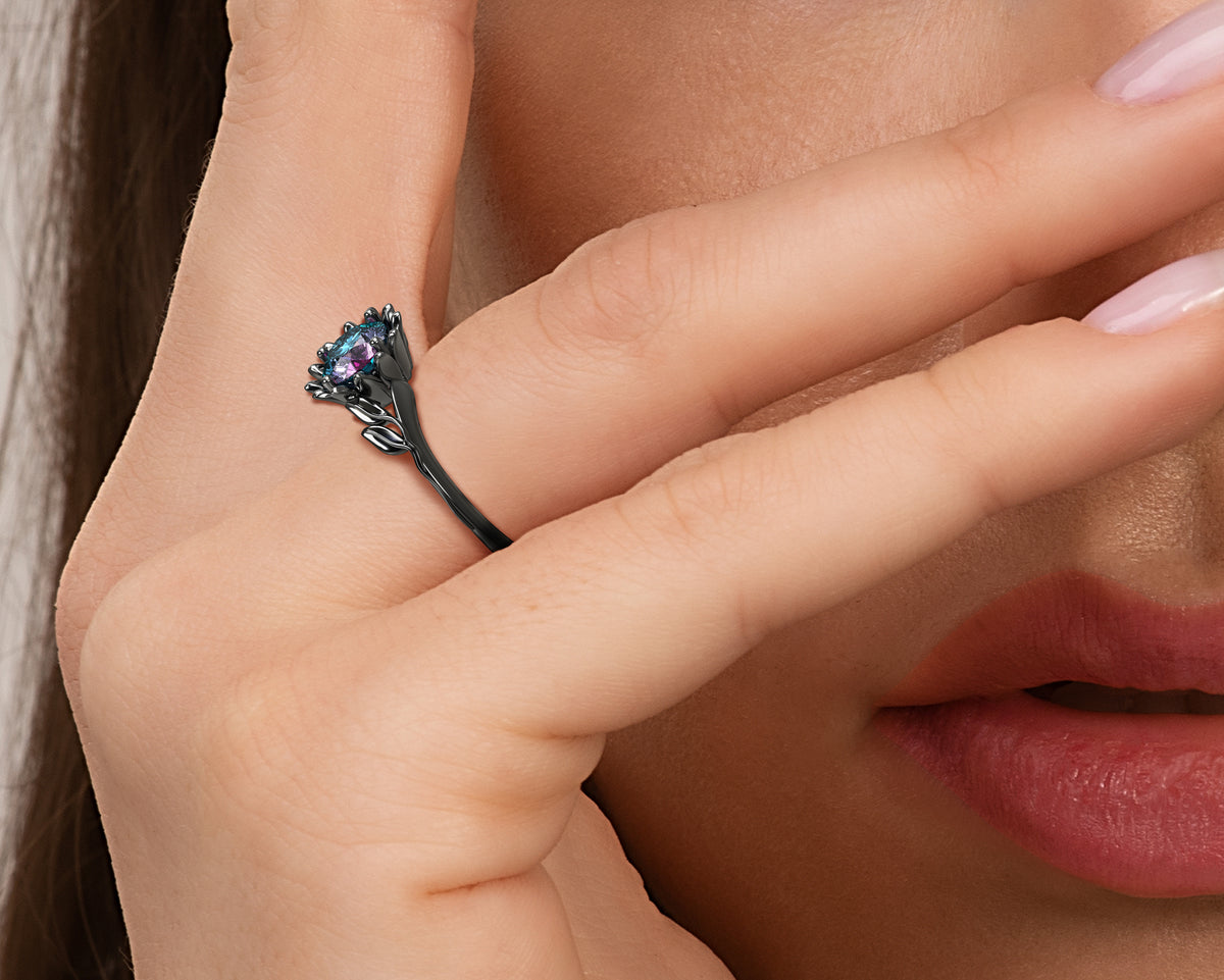 Alexandrite Floral Black Gold Engagement Ring