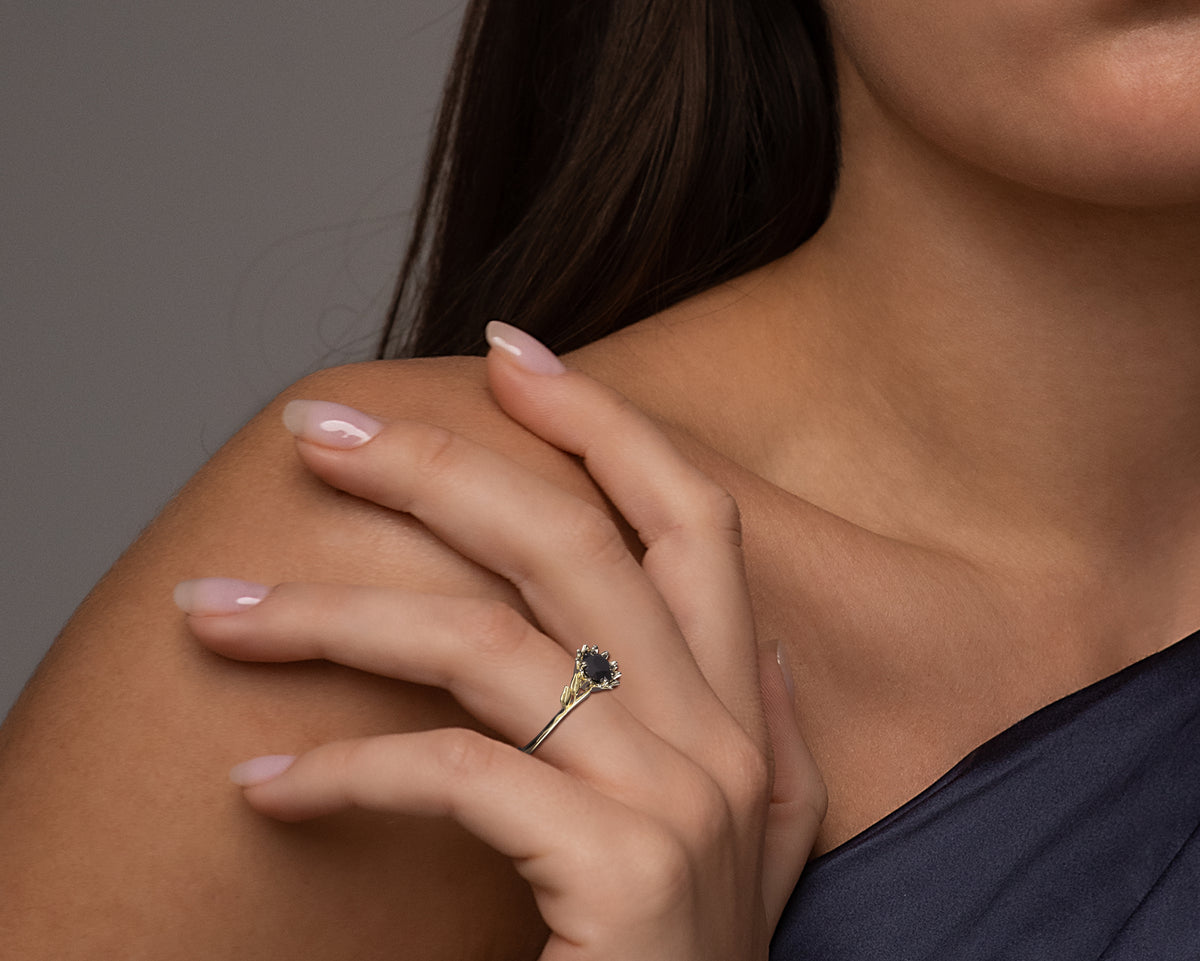 Unique Black Diamond Floral Engagement Ring