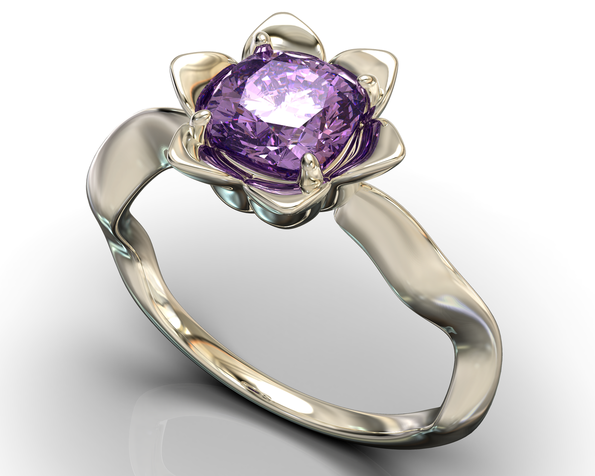 Unique Amethyst Cushion Cut Flower Engagement Ring