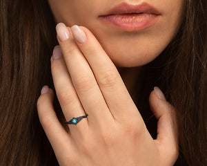 Blue Diamond Black Gold Flower Engagement Ring