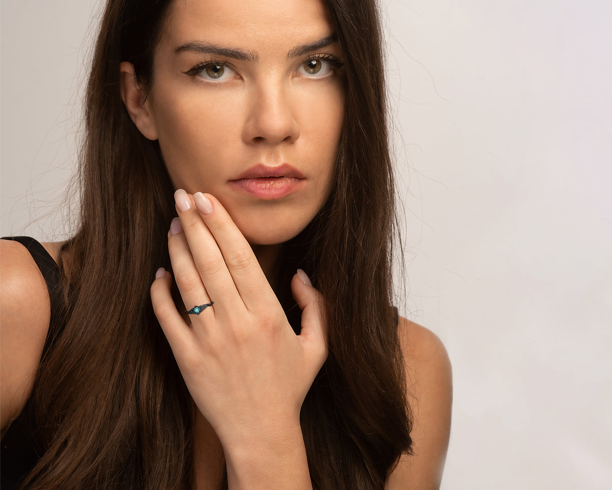 Blue Diamond Black Gold Flower Engagement Ring