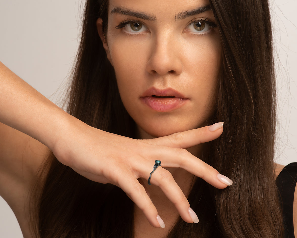 Unique Black Gold Emerald Engagement Ring