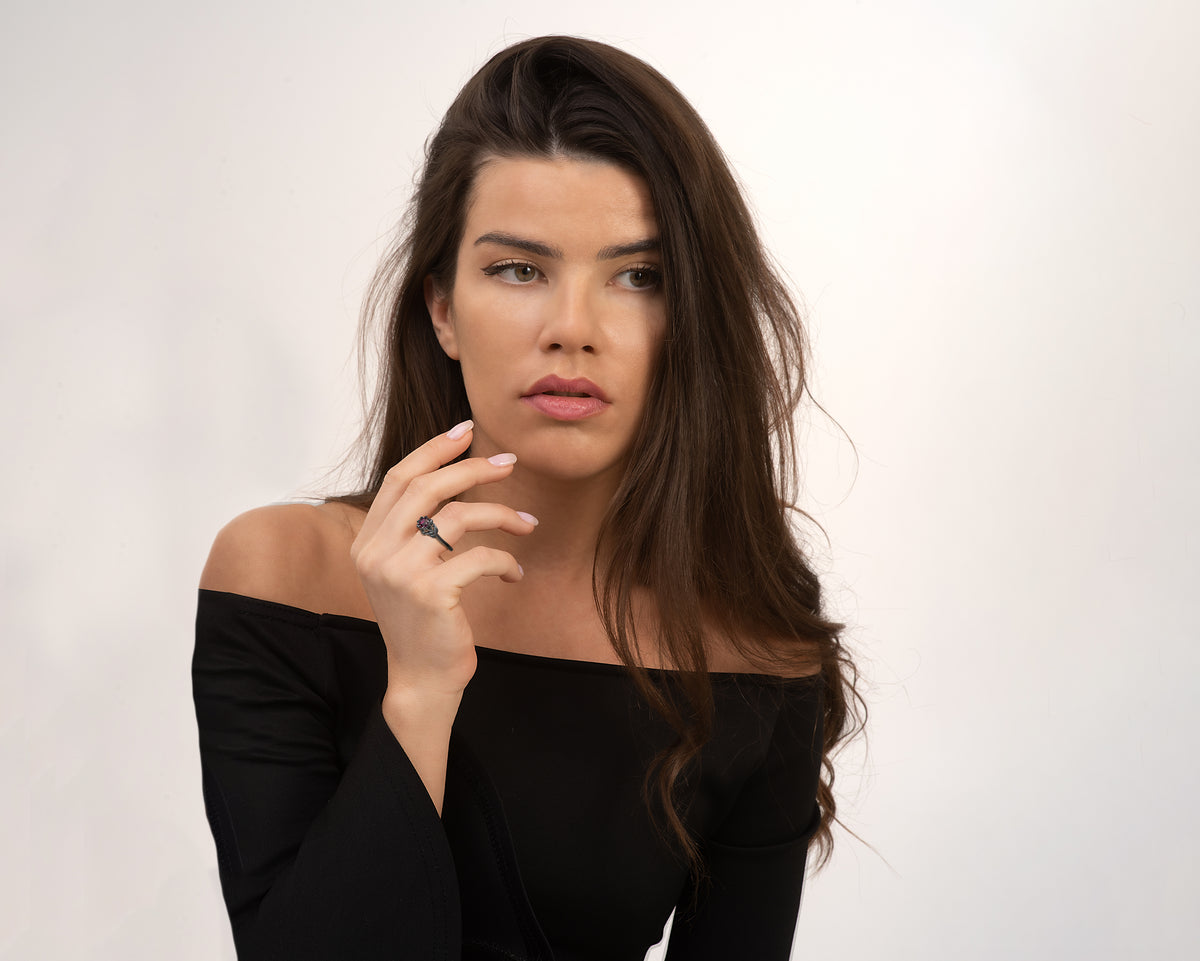 Black Gold Ruby Floral Engagement Ring