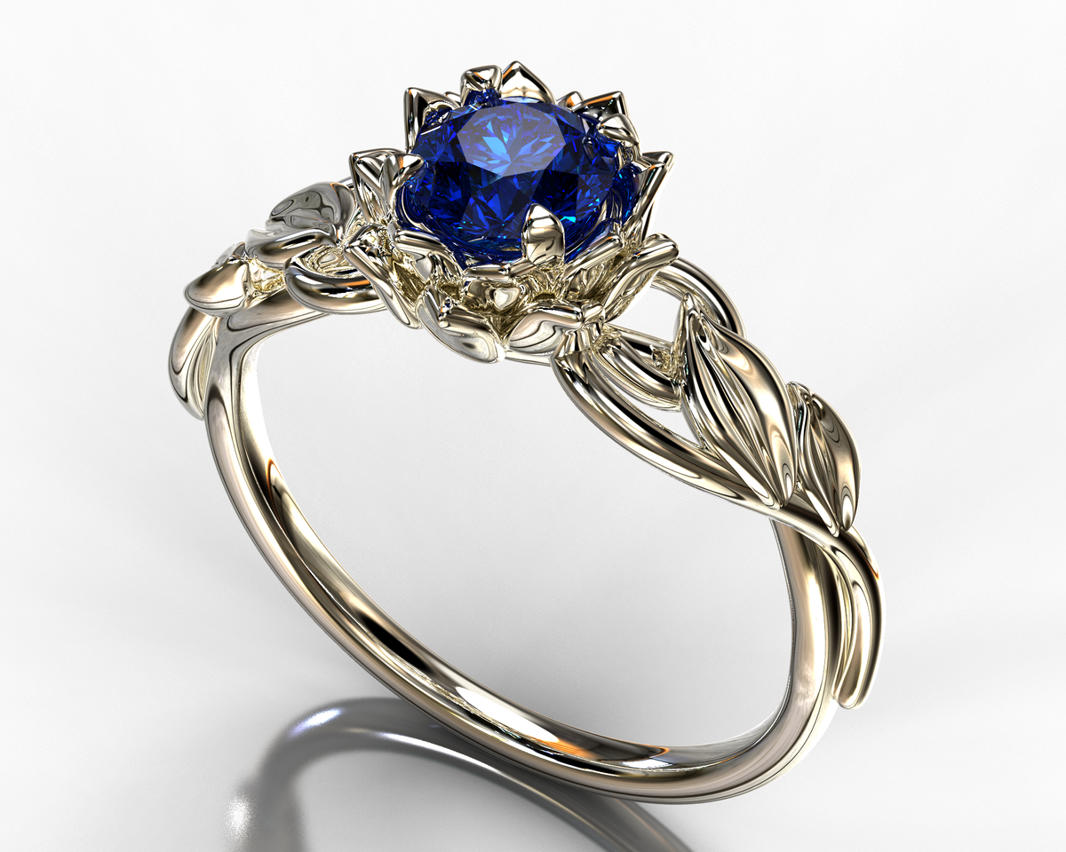 Lotus Flower Blue Sapphire Engagement Ring