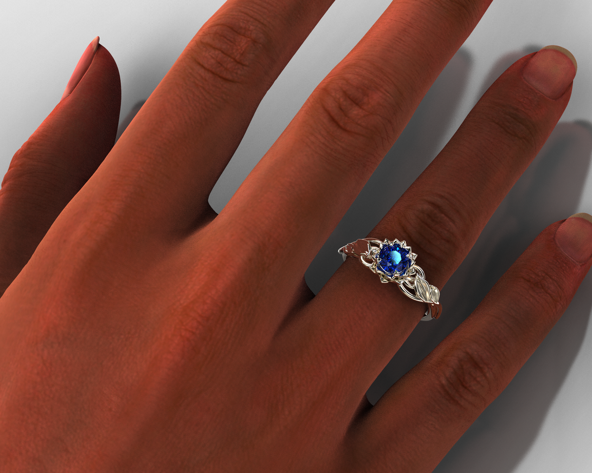 Lotus Flower Blue Sapphire Engagement Ring