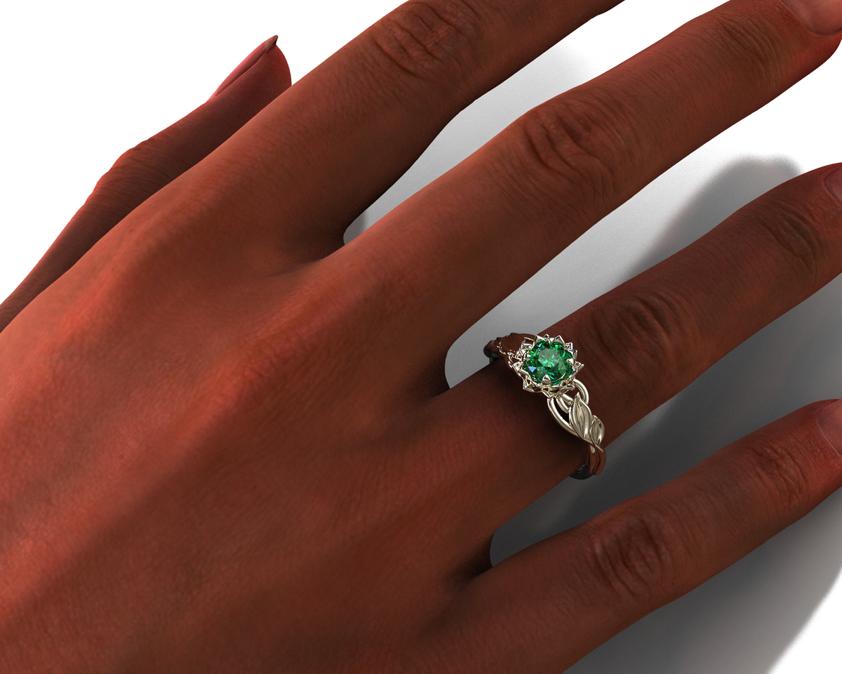 White Gold Lotus Flower Emerald Engagement Ring