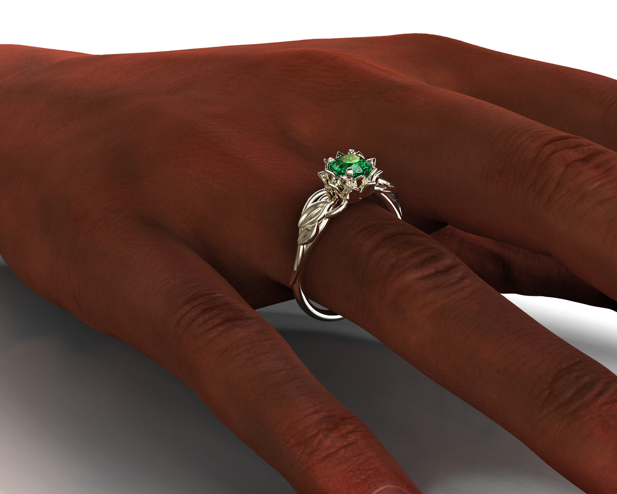 White Gold Lotus Flower Emerald Engagement Ring