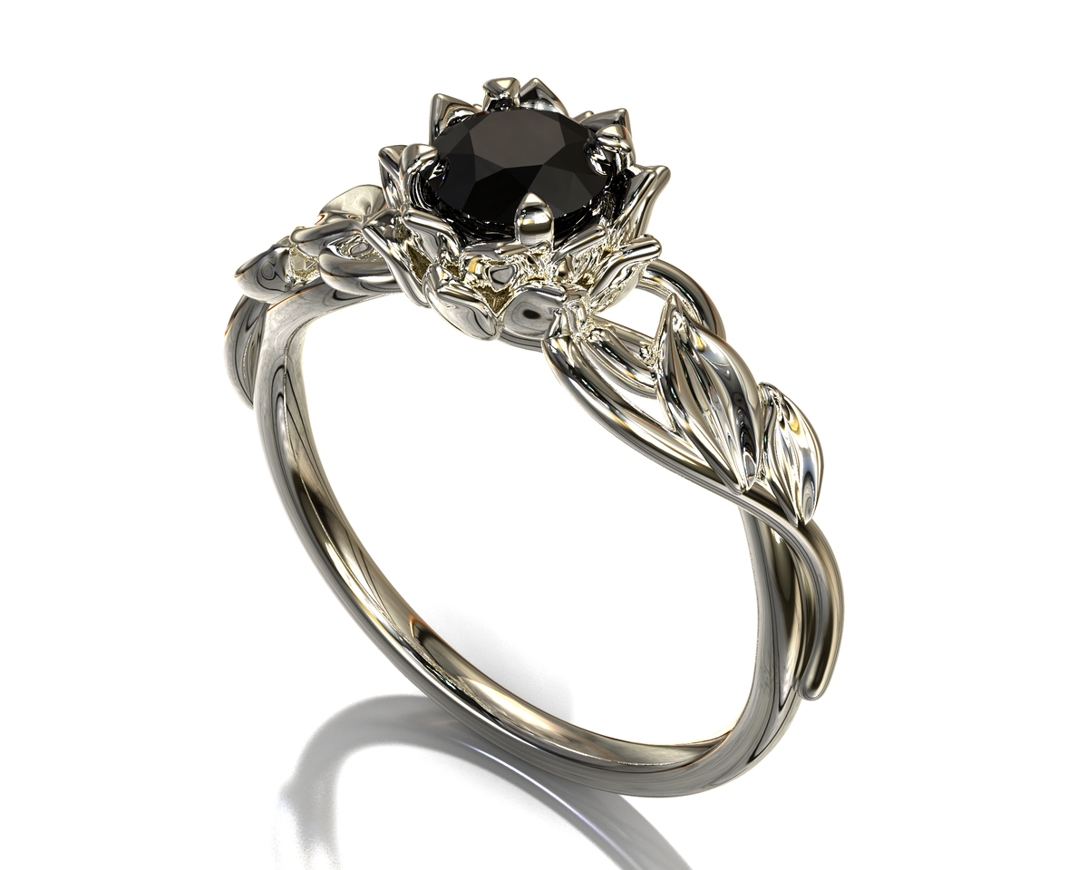Lotus Floral Black Diamond Engagement Ring With Leaves