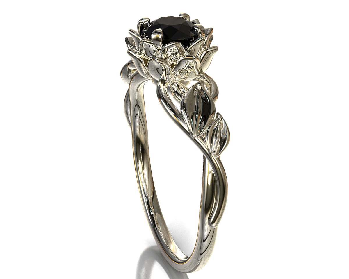 Lotus Floral Black Diamond Engagement Ring With Leaves