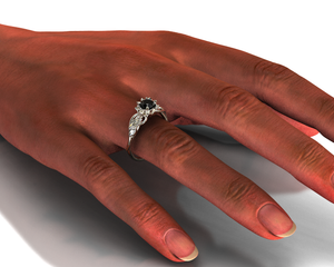 Lotus Floral Black Diamond Engagement Ring With Leaves