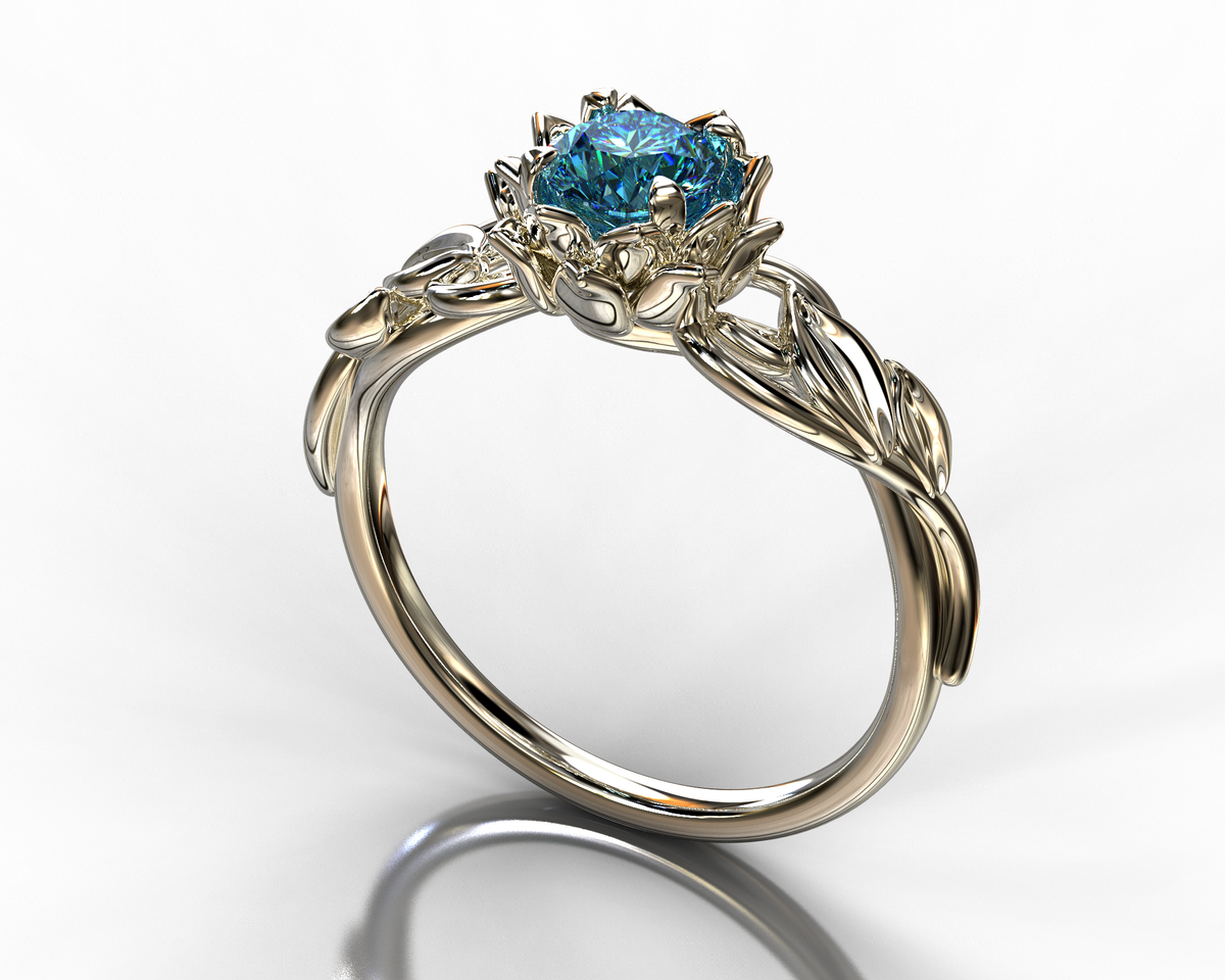Unique Blue Diamond Lotus Flower Engagement Ring