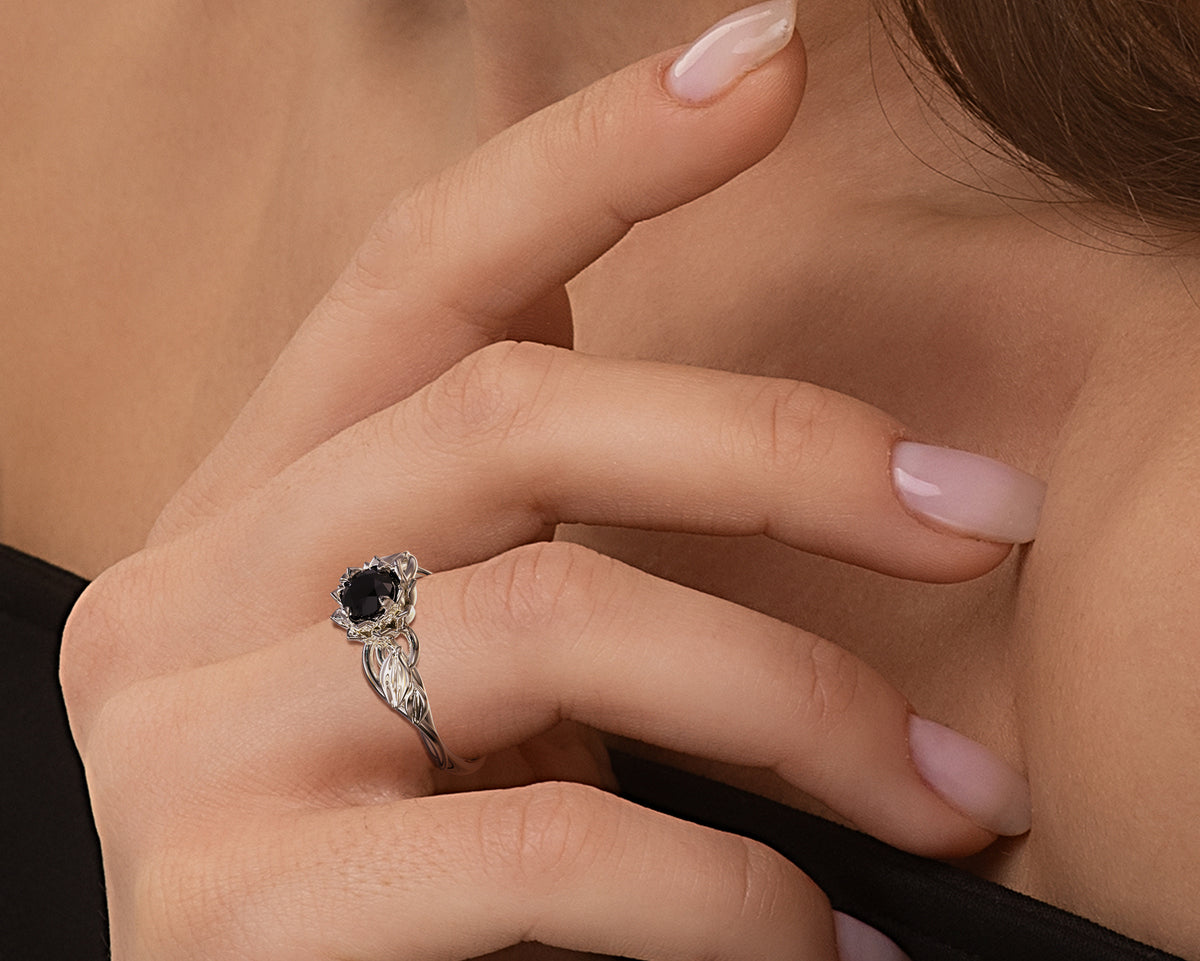 Lotus Floral Black Diamond Engagement Ring With Leaves