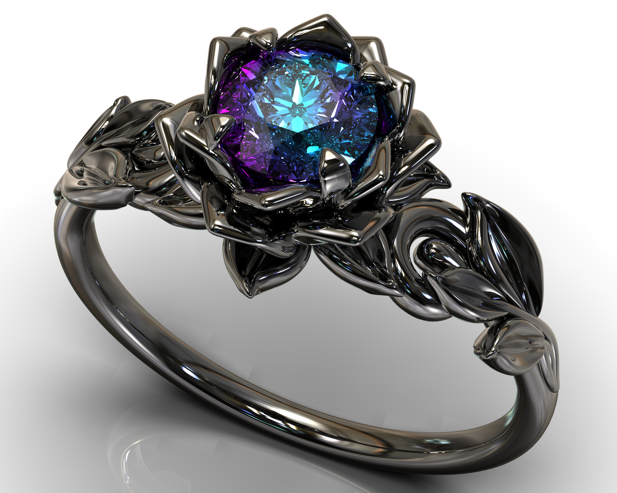 Black Alexandrite Lotus Flower Engagement Ring