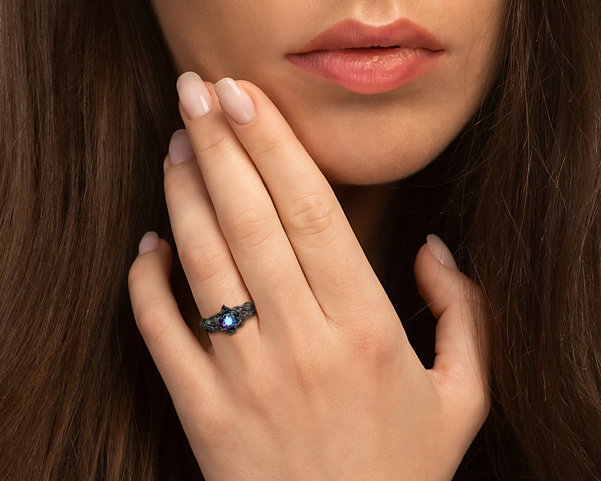 Black Alexandrite Lotus Flower Engagement Ring