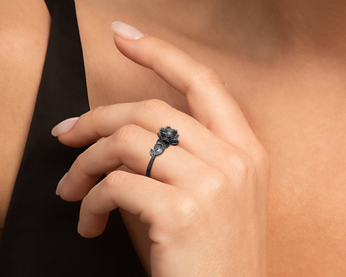 Unique Black Lotus Flower Engagement Ring