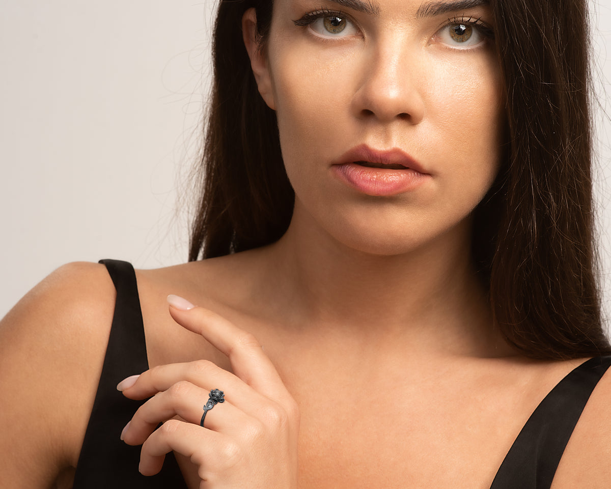 Unique Black Lotus Flower Engagement Ring