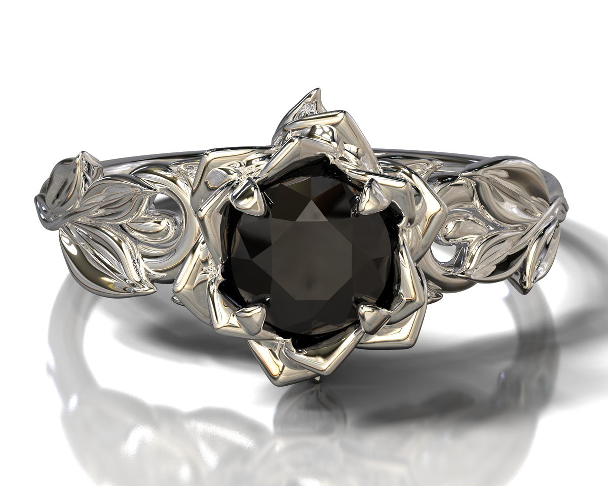 Lotus Flower Black Diamond Engagement Ring With Leaves