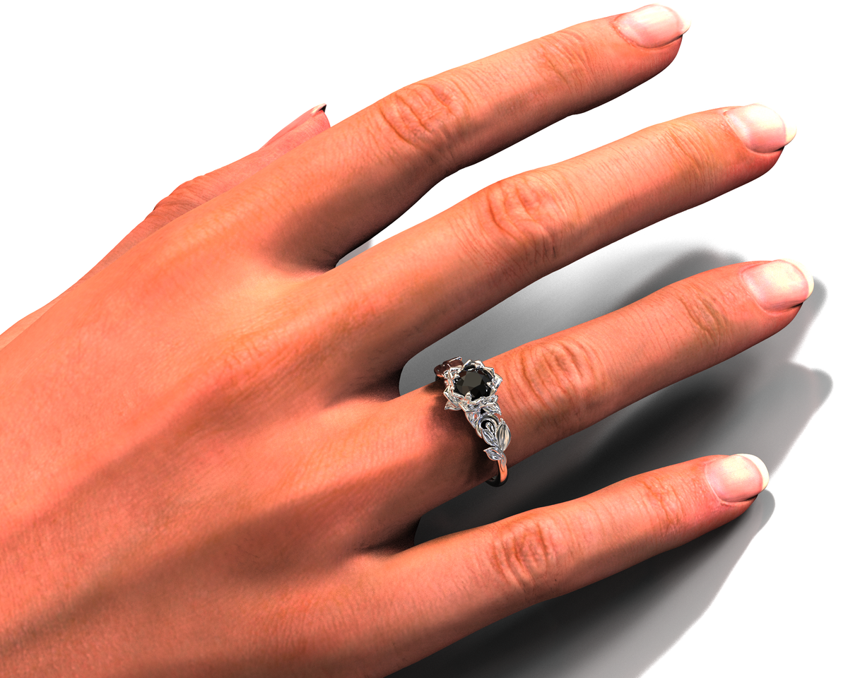 Lotus Flower Black Diamond Engagement Ring With Leaves