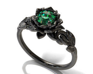 Black Gold Lotus Flower Emerald Engagement Ring