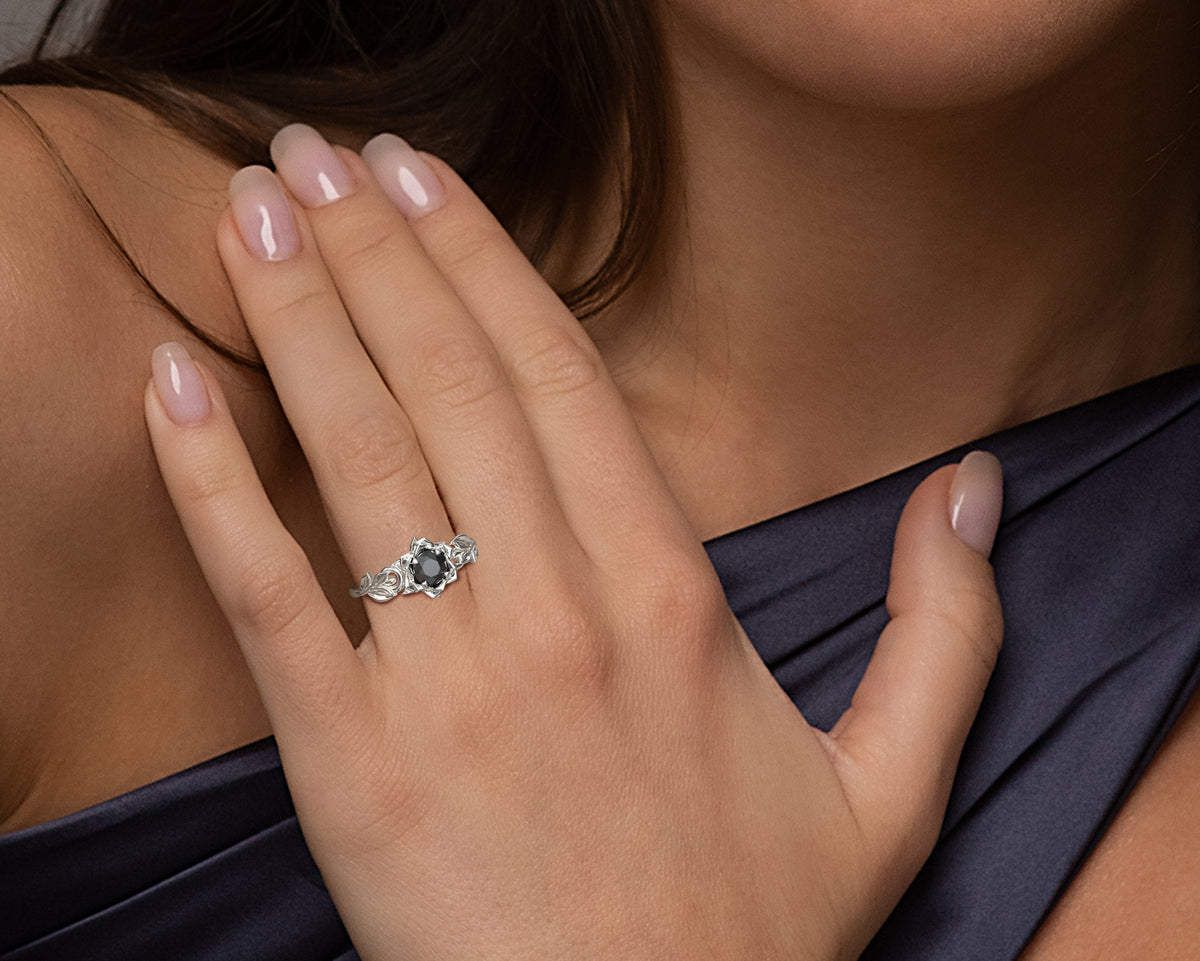 Lotus Flower Black Diamond Engagement Ring With Leaves