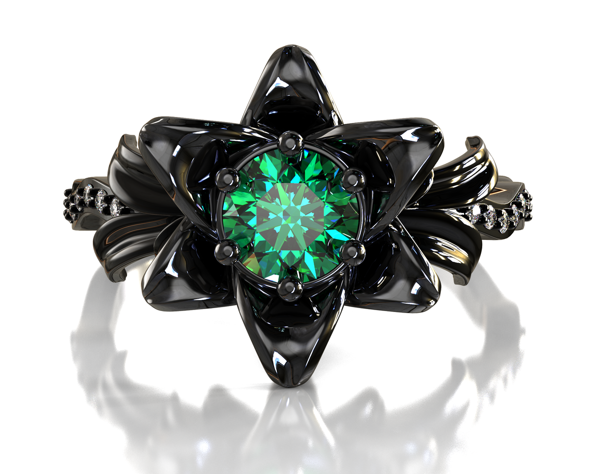 Emerald Black Gold Flower Engagement Ring