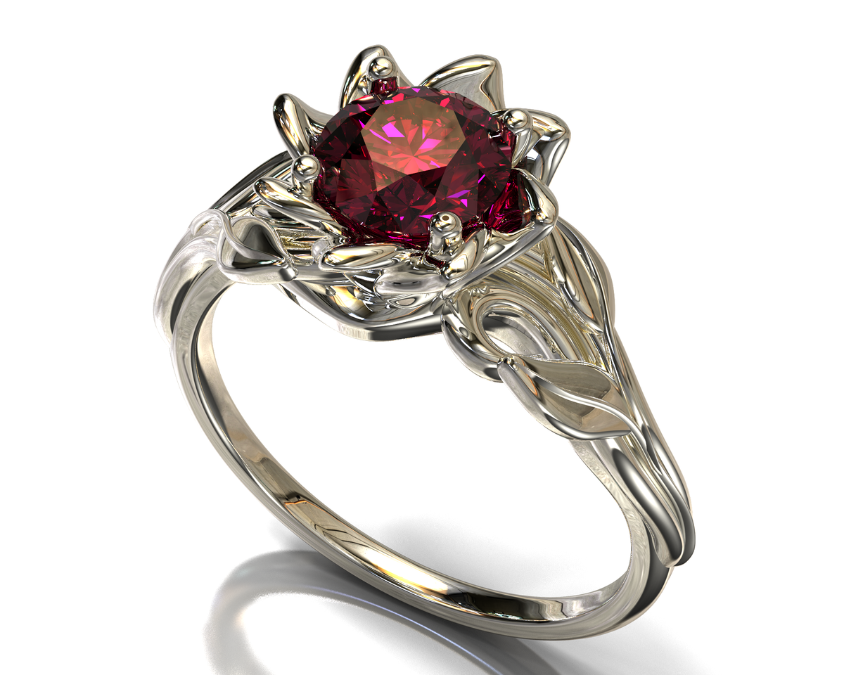 White Gold Ruby Flower Engagement Ring