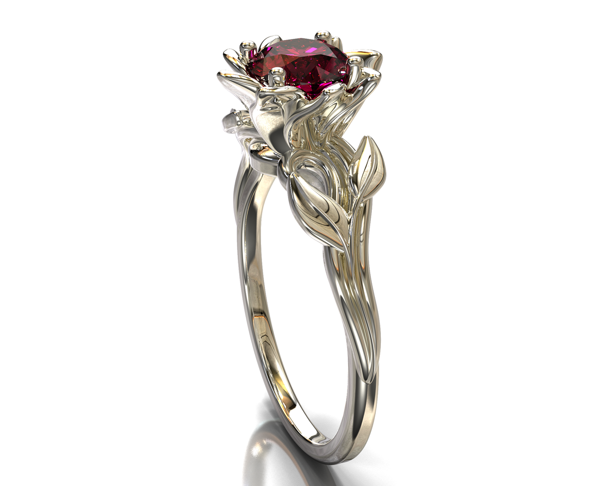 White Gold Ruby Flower Engagement Ring