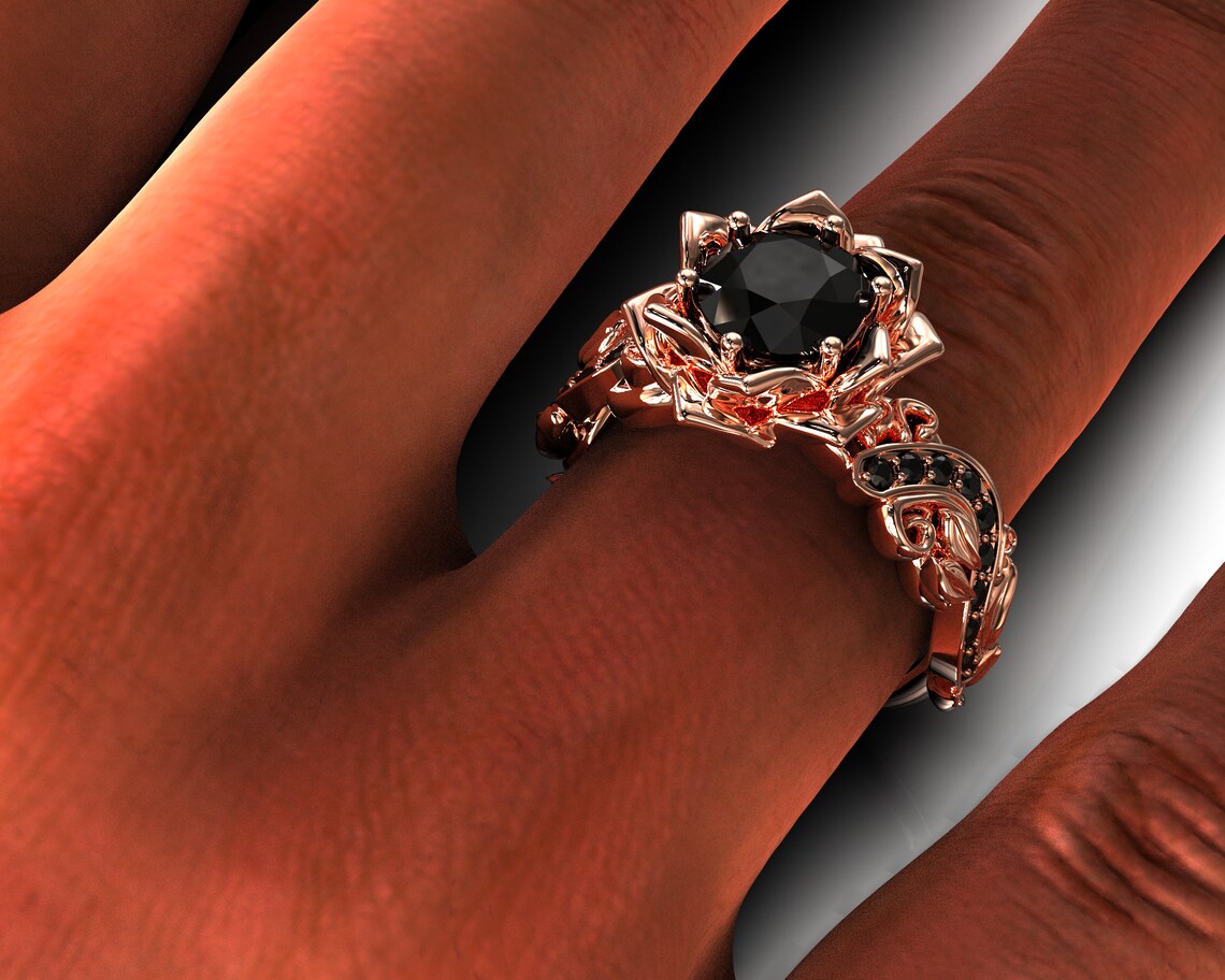 Rose Gold Flower Engagement Ring with Black Diamond