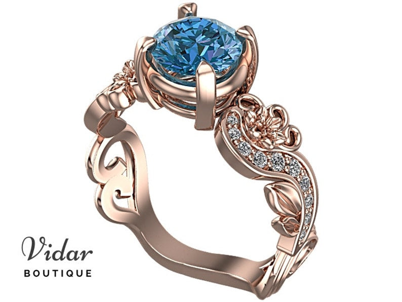 Rose Gold Blue Topaz Flower Engagement Ring