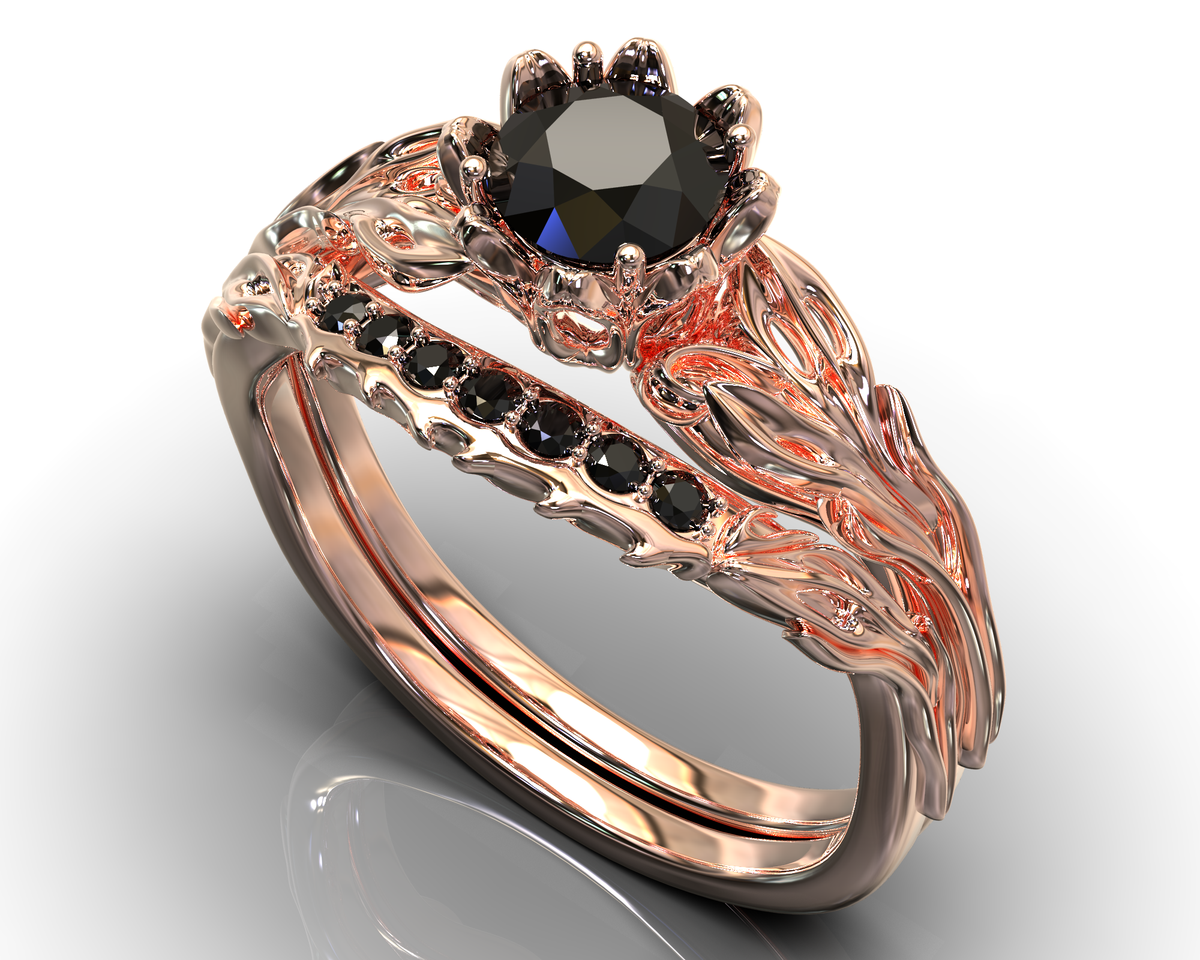 Unique Black Diamond Rose Gold Wedding Ring Set