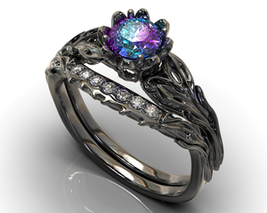 Black Gold Alexandrite Flower Wedding Ring Set