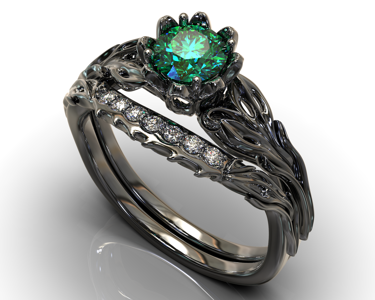 Black Gold Emerald Flower Wedding Ring Set