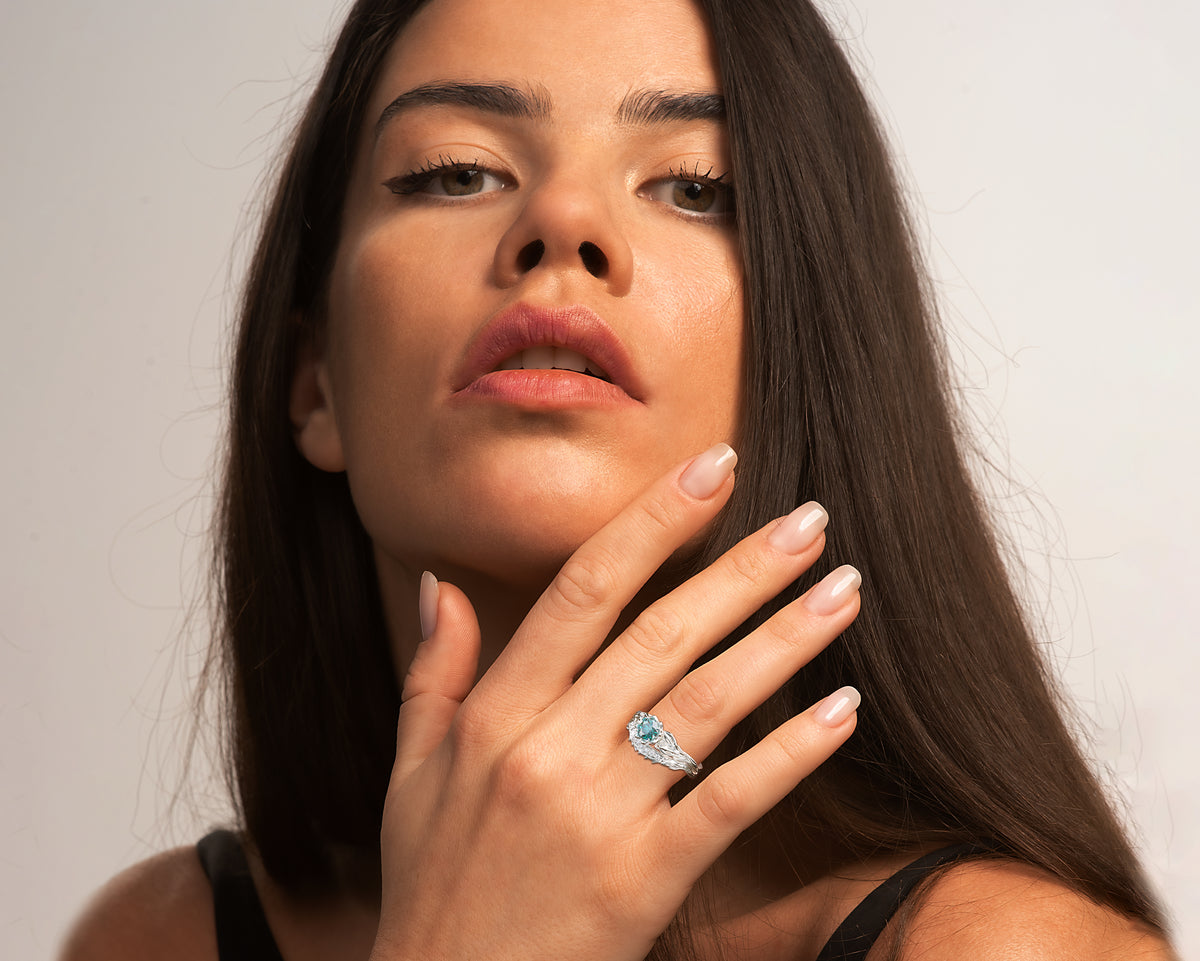 Unique Flower Blue Diamond Wedding Ring Set