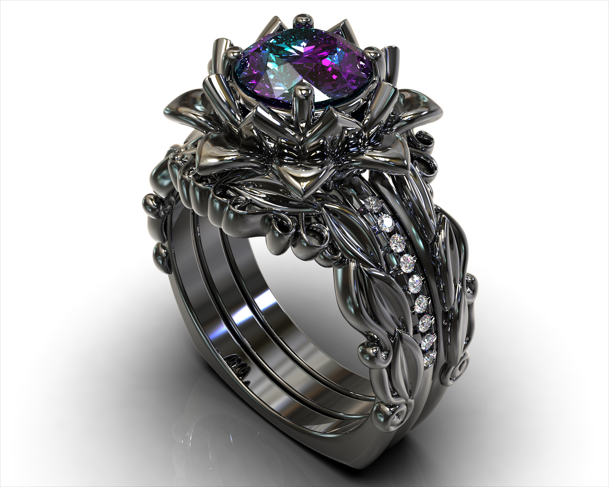 Black Gold Alexandrite Floral Wedding Ring Set