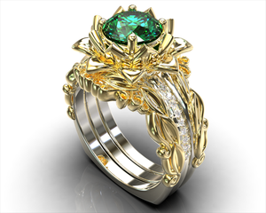 Emerald Flower Wedding Ring Set