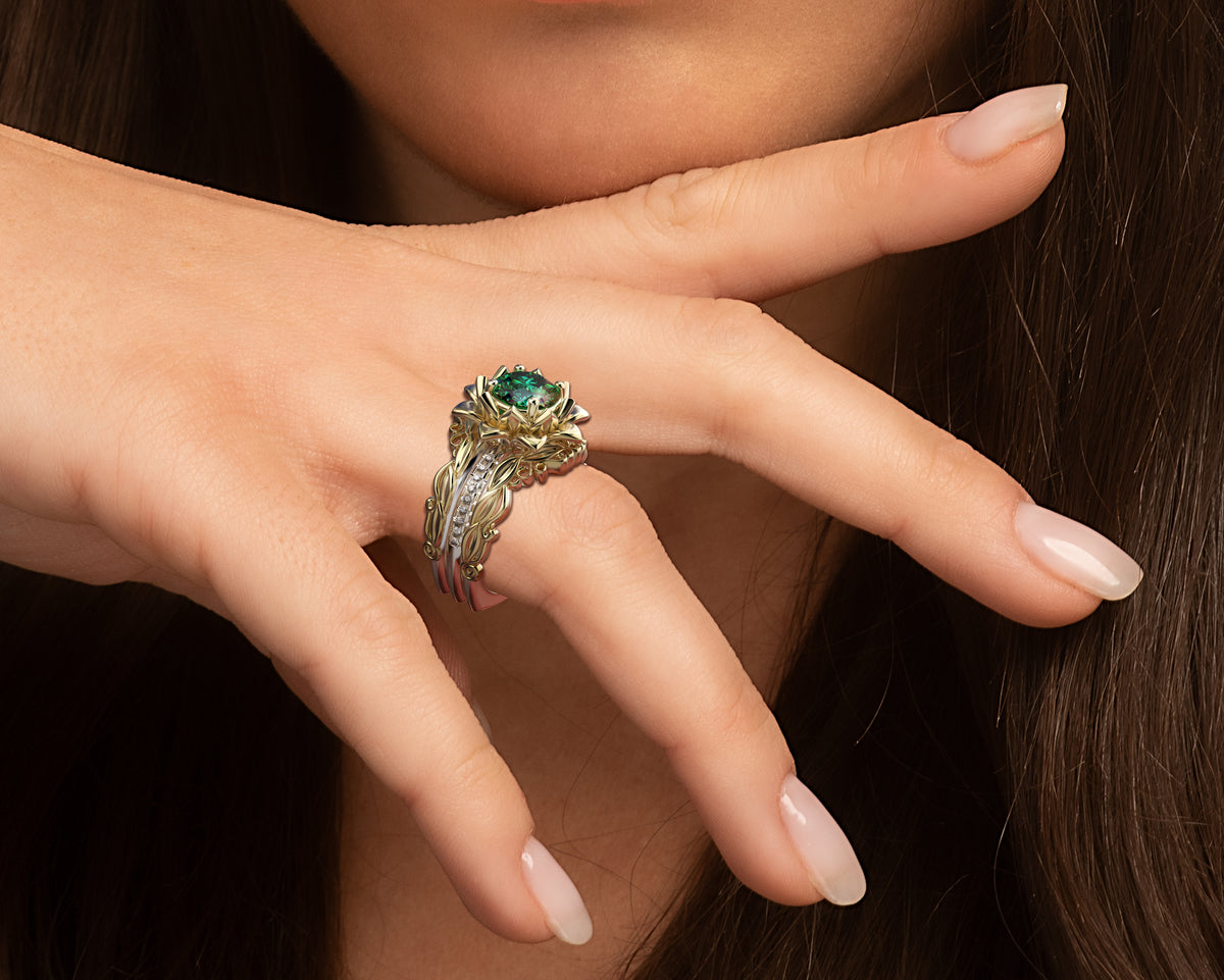Emerald Flower Wedding Ring Set